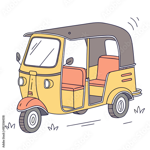 A charming hand drawn illustration of a yellow and grey three wheeled auto rickshaw with coral seats driving through a field of grass