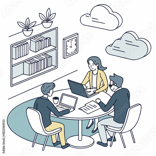 Diverse team collaborating around a round table with laptops and documents discussing ideas in a modern office setting with bookshelves and plants