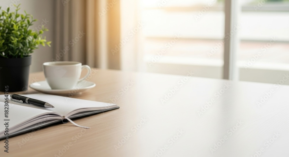 Obraz premium A white desk with a cup of coffee and a plant on it.