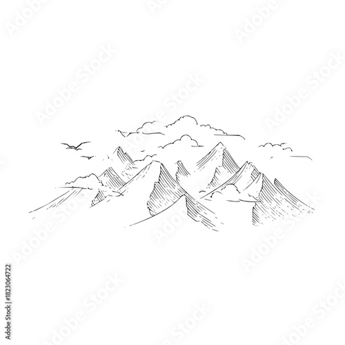 Hand drawn mountain range with clouds and birds isolated on, simple monochrome vector illustration