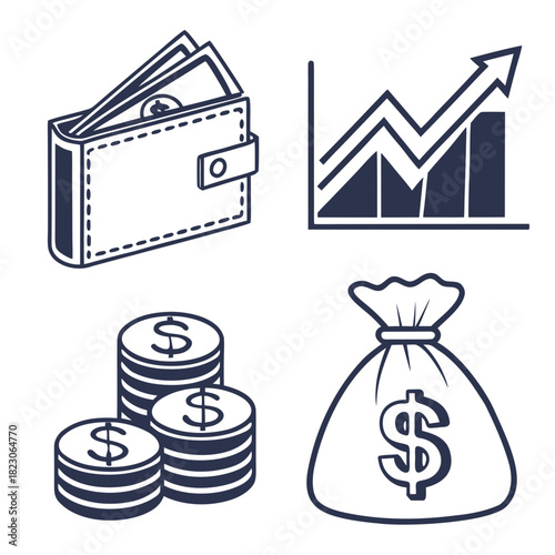 A collection of financial icons including a wallet with cash a stock market graph showing an upward trend stacks of coins and a money bag representing wealth and investment growth opportunities