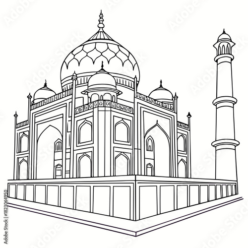 Iconic taj mahal monument in agra india depicted as a simple black and white line drawing illustration with a white background and clear architectural details