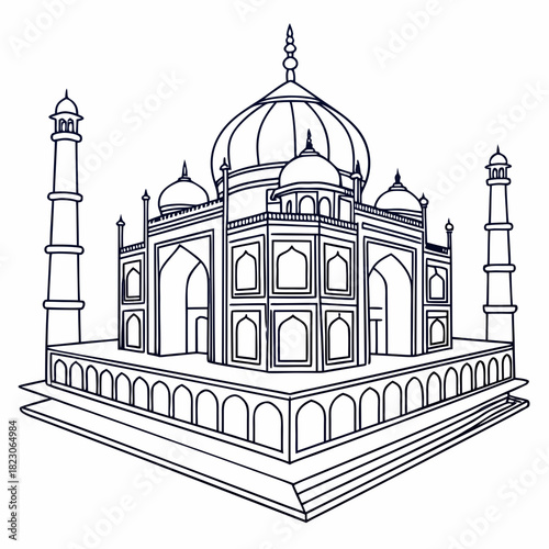 Iconic taj mahal monument in agra india depicted as a minimalist black and white line drawing art illustration with clear architectural details and symmetry