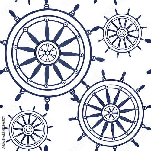 Seamless pattern of navy blue ship steering wheels against a white background evoking a nautical theme and maritime adventure