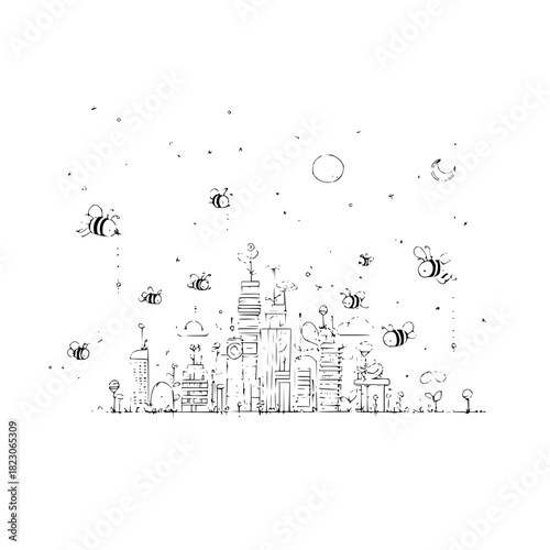 A whimsical illustration of a cityscape teeming with bees, isolated on, creating a playful and lively scene