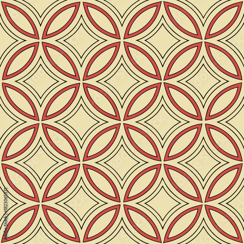 Seamless geometric pattern with interlocking red and black rings on a light beige background creating a visually pleasing and harmonious design