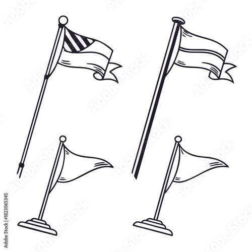 Collection of hand drawn outline flags on poles and tabletop stands representing different national symbols and blank pennants for design
