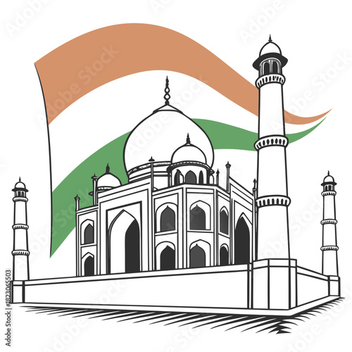 Iconic taj mahal monument depicted in a minimalist line art style with the colors of the indian flag waving majestically behind it