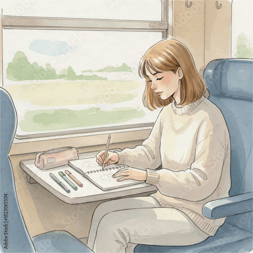 Calm Moments Inside the Train – Watercolor Passenger Scenes

