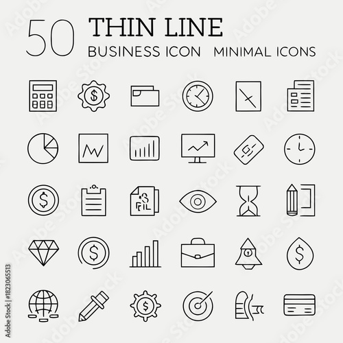 A collection of 50 thin line minimalist business icons representing various concepts such as finance strategy analytics and office essentials for digital design