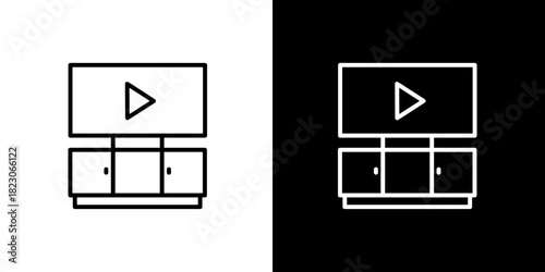 Minimalist Thin Line Television Set Icon on Media Console for Home Entertainment and Digital Video Streaming Services