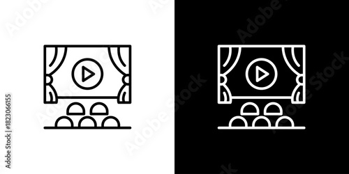 Sleek line icon of a movie theater screen with audience seating, perfect for digital entertainment, film apps, and streaming services