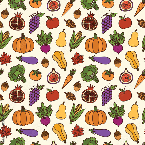 Autumn Harvests Fruits and Vegetables on Light Beige Seamless Pattern Design