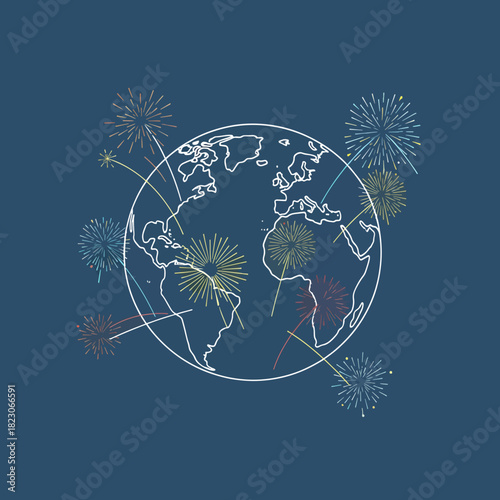 Celebrate global unity with colorful fireworks illuminating a world map, perfect for events, holidays, and international collaborations in a festive spirit