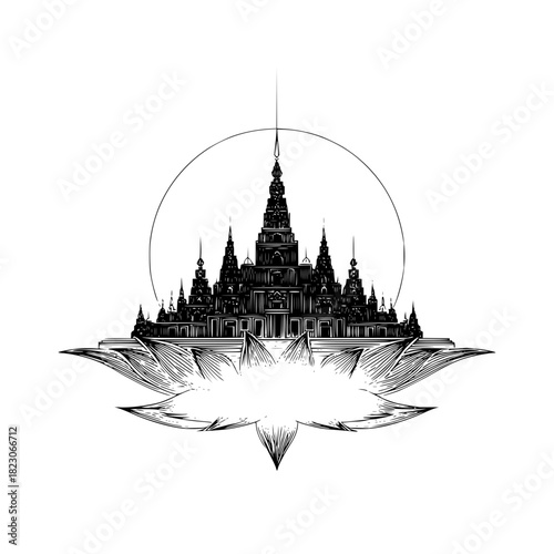 Black Temple Architecture with Lotus Flower Reflection Isolated on White