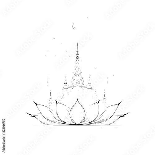 Black Lotus Flower with Pagoda in Background Isolated on White