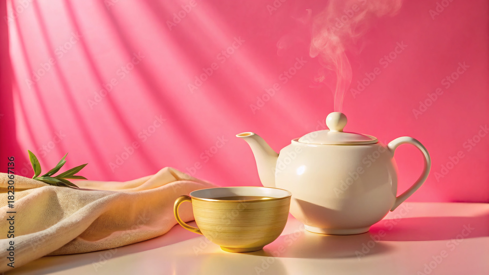 Fototapeta premium morning tea ceremony on a pink background