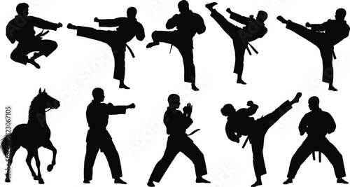 Martial arts silhouettes performing karate and taekwondo moves with horse figure, athletes in action poses, combat sport illustration, vector artwork collection