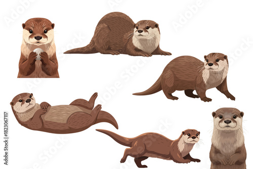 Otter Illustration in Flat Vector Style with Detailed Fur on White Background