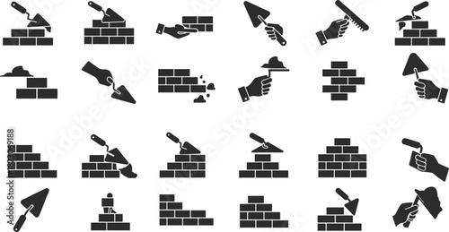 Masonry icons, bricklaying silhouettes, trowel tools, brick wall construction, mortar application, building materials, craftsmanship, construction site, architecture, labor, industry