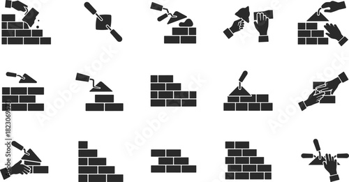 Masonry icons, bricklaying silhouettes, trowel tools, brick wall construction, mortar application, hand tools, craftsmanship, building site, construction process, architecture, labor