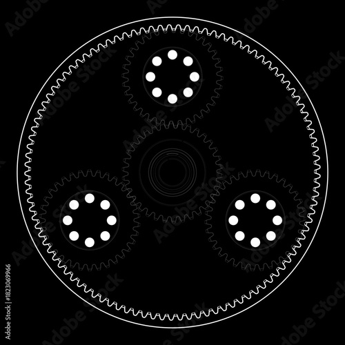 Εκτύπωση καμβά High-contrast schematic of a planetary gear system with sun, planet, and ring gears in symmetric alignment