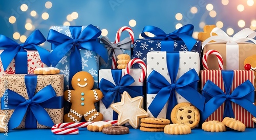 Festive holiday gifts with gingerbread cookies and candy canes