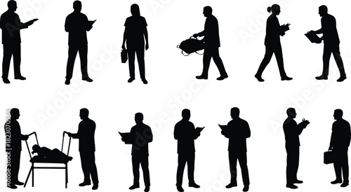 Medical silhouettes, healthcare professionals, doctors with clipboards, nurses assisting patients, hospital bed care, teamwork discussion, medical bag, patient interaction, healthcare illustration, 