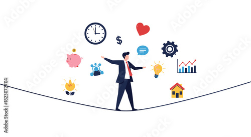 Businessman balancing on a tightrope while juggling icons of work and life, representing the modern challenge of work-life balance.