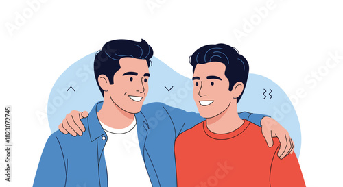 Two happy young male friends or brothers standing together and smiling with arms around each other's shoulders in friendship.