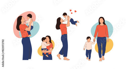 Collection of heartwarming scenes showing a loving mother interacting with her young child in various poses of care and affection.
