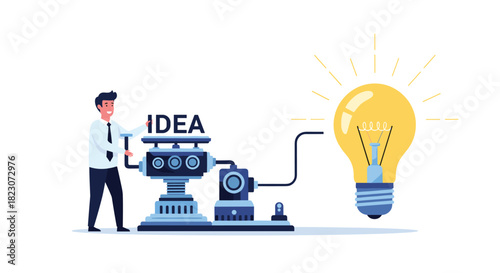 Businessman operating a complex machine that processes and generates a great new idea, represented by a large glowing light bulb.