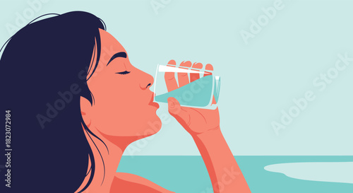 Young woman drinking a glass of pure, fresh water for hydration and health, feeling refreshed with her eyes closed in a calm setting.