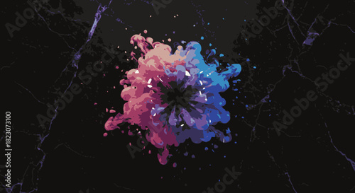 A vibrant explosion of pink and blue powder bursts outwards from a dark center, creating a dynamic and abstract splash of color against a shadowy backdrop.