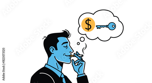 Man smoking a cigarette and smiling while thinking about the key to financial success, represented by a coin and key in a thought bubble.
