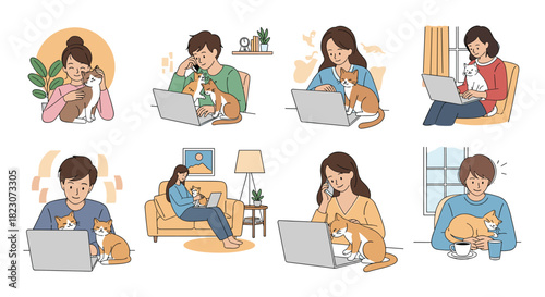 Collection of people working or relaxing at home with their pet cats, showing the bond between owners and their furry companions.