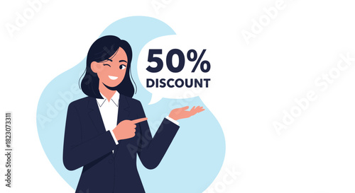 Smiling professional businesswoman winking and pointing to a speech bubble that advertises a fifty percent discount offer.