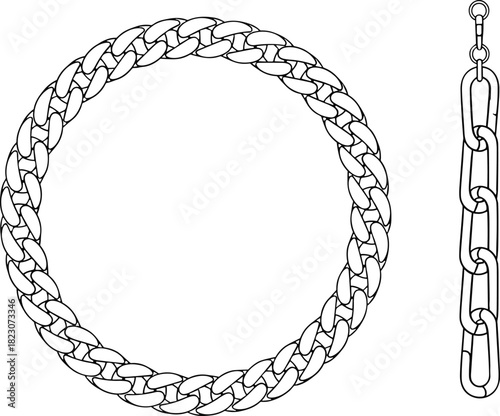 Black and white vector illustration of a circular metal chain link necklace and vertical chain segment, jewelry design element isolated on white background.