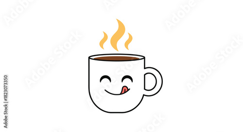 Cute and happy cartoon coffee mug character with a smiling face, licking its lips and with steam rising from the hot beverage.
