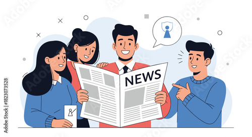 Group of happy friends or colleagues gathered together, smiling and reading the latest news in a newspaper with great interest.