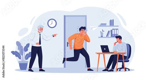 Angry boss pointing at the clock and firing a panicked employee who is running out of the office for being late for work.