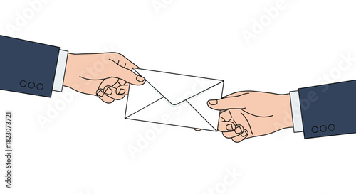 Two hands in business suits exchanging a white envelope, symbolizing a private transaction, communication, bribe, or passing a letter.