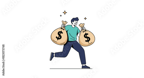 Happy young man running with excitement while carrying two large money bags with dollar signs, symbolizing wealth, lottery win, or success.