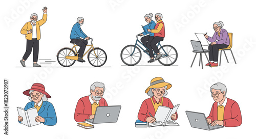 Set of active and modern senior characters enjoying their retirement with various hobbies like cycling, reading, and using laptops.
