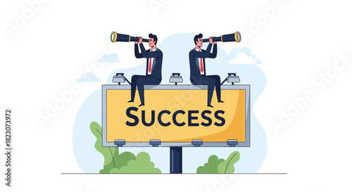Two businessmen sitting on a large billboard with the word 'Success' written on it, looking towards the future with telescopes.