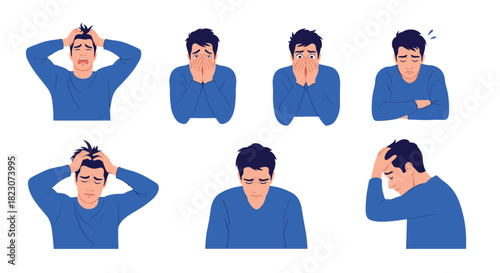 Set of illustrations showing a young man in various states of distress, anxiety, and sadness, holding his head and looking desperate.