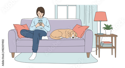 Young woman relaxing on a comfortable sofa at home, using her smartphone while her beagle dog sleeps peacefully beside her.