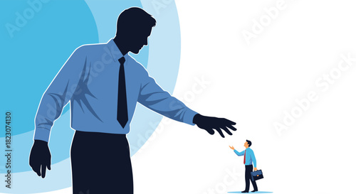 Small businessman looking up to a giant, powerful business figure reaching down, symbolizing mentorship, help, or an unequal power dynamic.