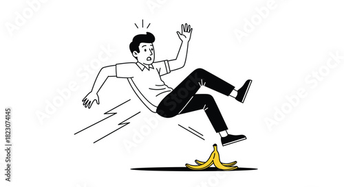Cartoon man slipping on a banana peel and falling down, a classic visual gag representing an accident, mistake, or unforeseen problem.
