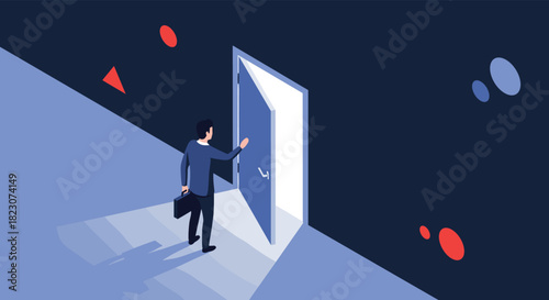 Businessman holding a briefcase is about to step through a glowing doorway, symbolizing a new opportunity, change, or future.